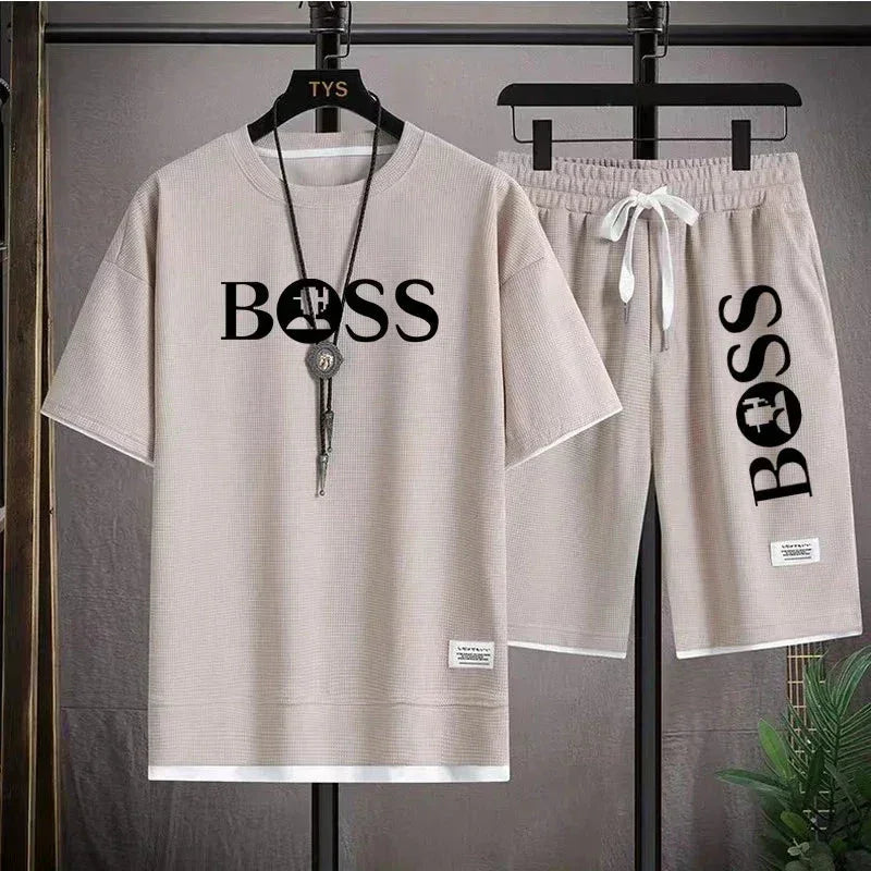 Beige casual short sleeve T-shirt and shorts set with BOSS logo print and necklace accessory