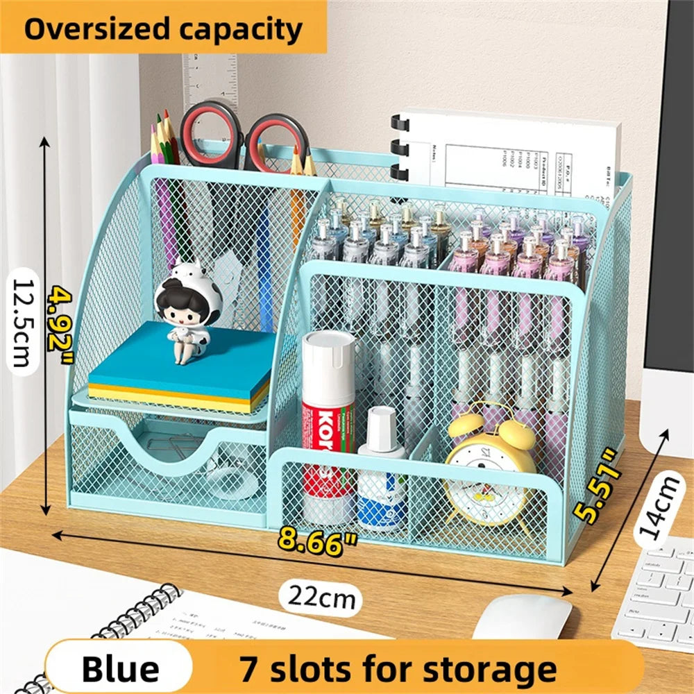 Metal Pen Holder & Desk Stationery Organizer – 7-Grid Mesh Office Storage Rack AE