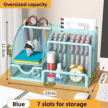 Metal Pen Holder & Desk Stationery Organizer – 7-Grid Mesh Office Storage Rack AE