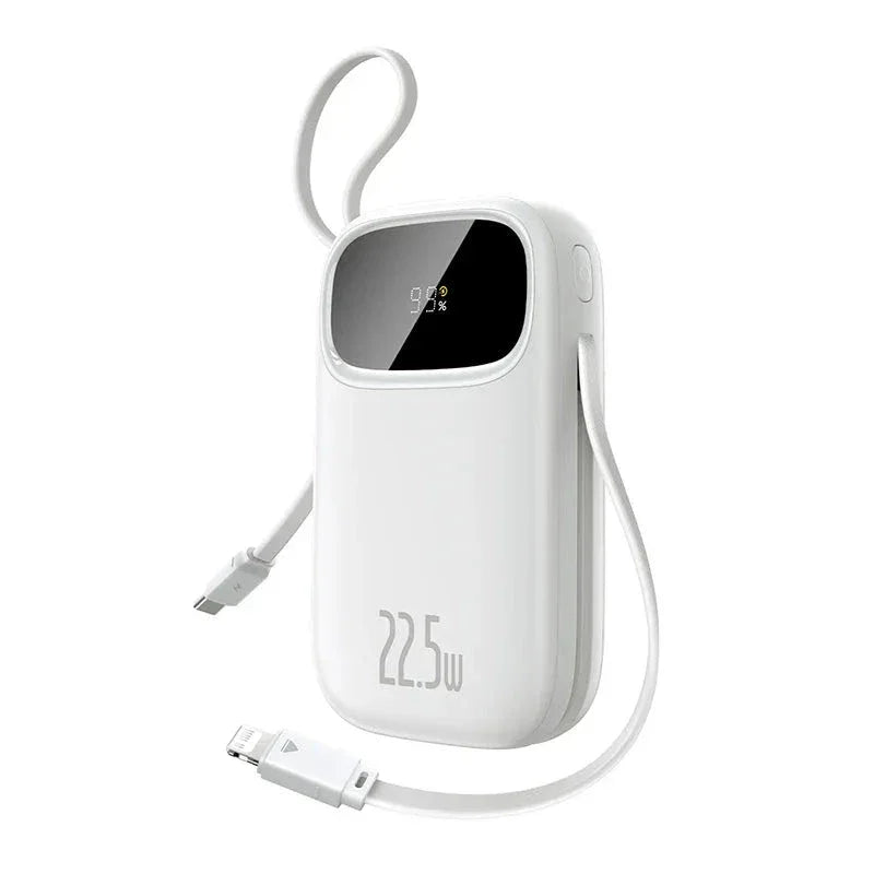 White portable power bank with digital display showing 93% and 22.5W charging output