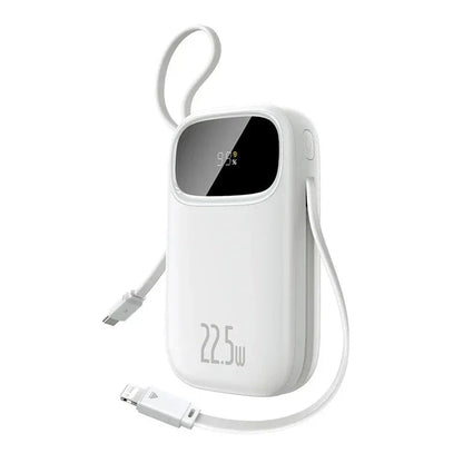 White portable power bank with digital display showing 93% and 22.5W charging output