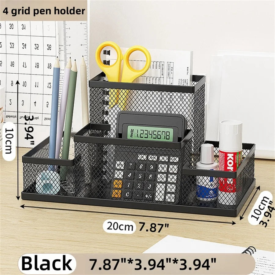 Metal Pen Holder & Desk Stationery Organizer – 7-Grid Mesh Office Storage Rack AE