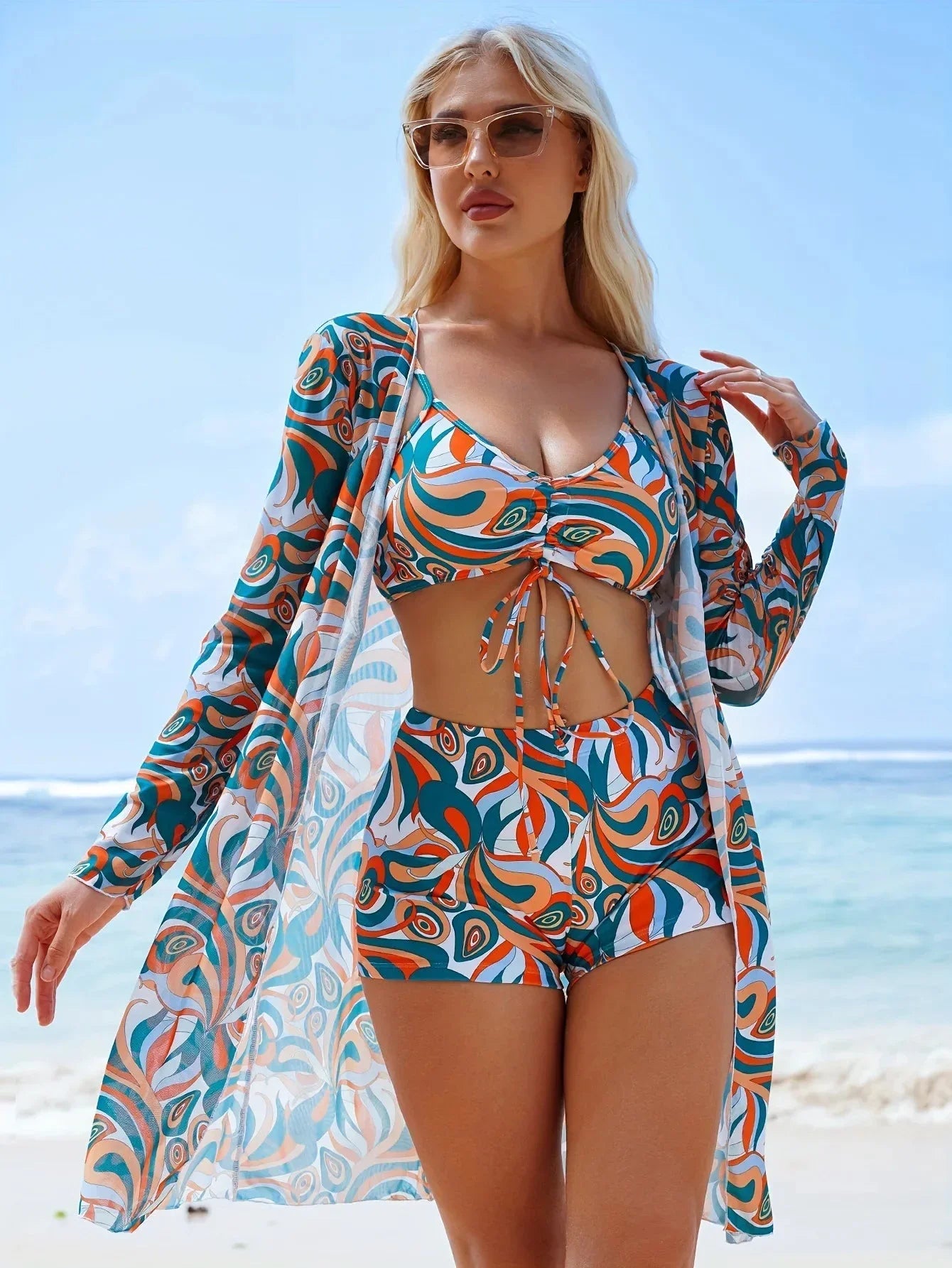 Women’s 3-Piece Floral Bikini Set with Kimono Cover-Up – High Waist Tropical Swimsuit, Butterfly Tie Top & Sun Protection Beachwear - Wahtrends