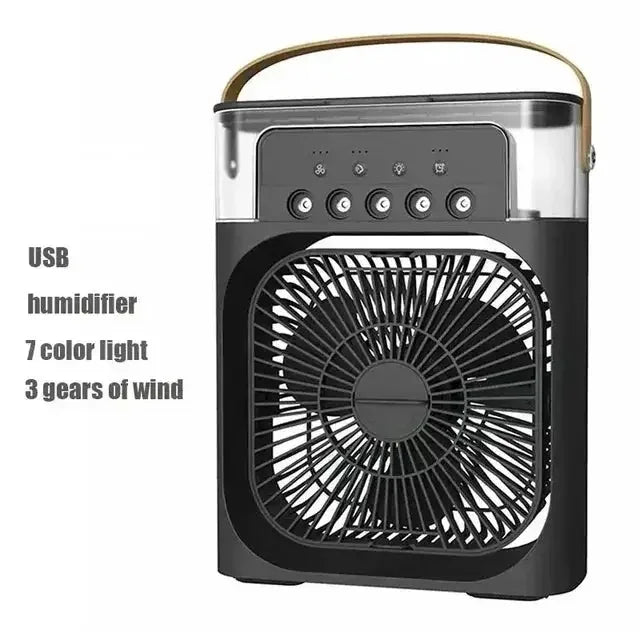 Black USB humidifier fan with 7 color light and 3 wind gears, featuring control buttons and handle