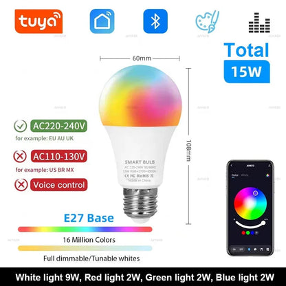 Tuya Bluetooth Smart LED Bulb Dimmable RGBCW - Color Changing Light Bulb E27 B22 15W 18W Smart Life App Music Sync - Wahtrends