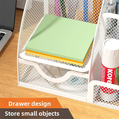 Metal Pen Holder & Desk Stationery Organizer – 7-Grid Mesh Office Storage Rack AE