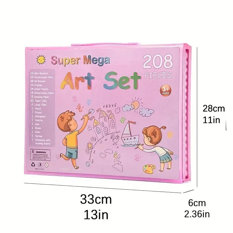 208-Piece Deluxe Kids Art Set – Pink Portable Easel Studio with Washable Markers, Crayons & Watercolours - Wahtrends