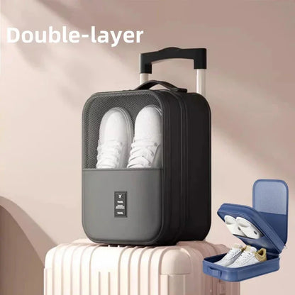 Double-layer shoe storage bag with white sneakers inside, placed on a beige suitcase, showcasing black and blue color options