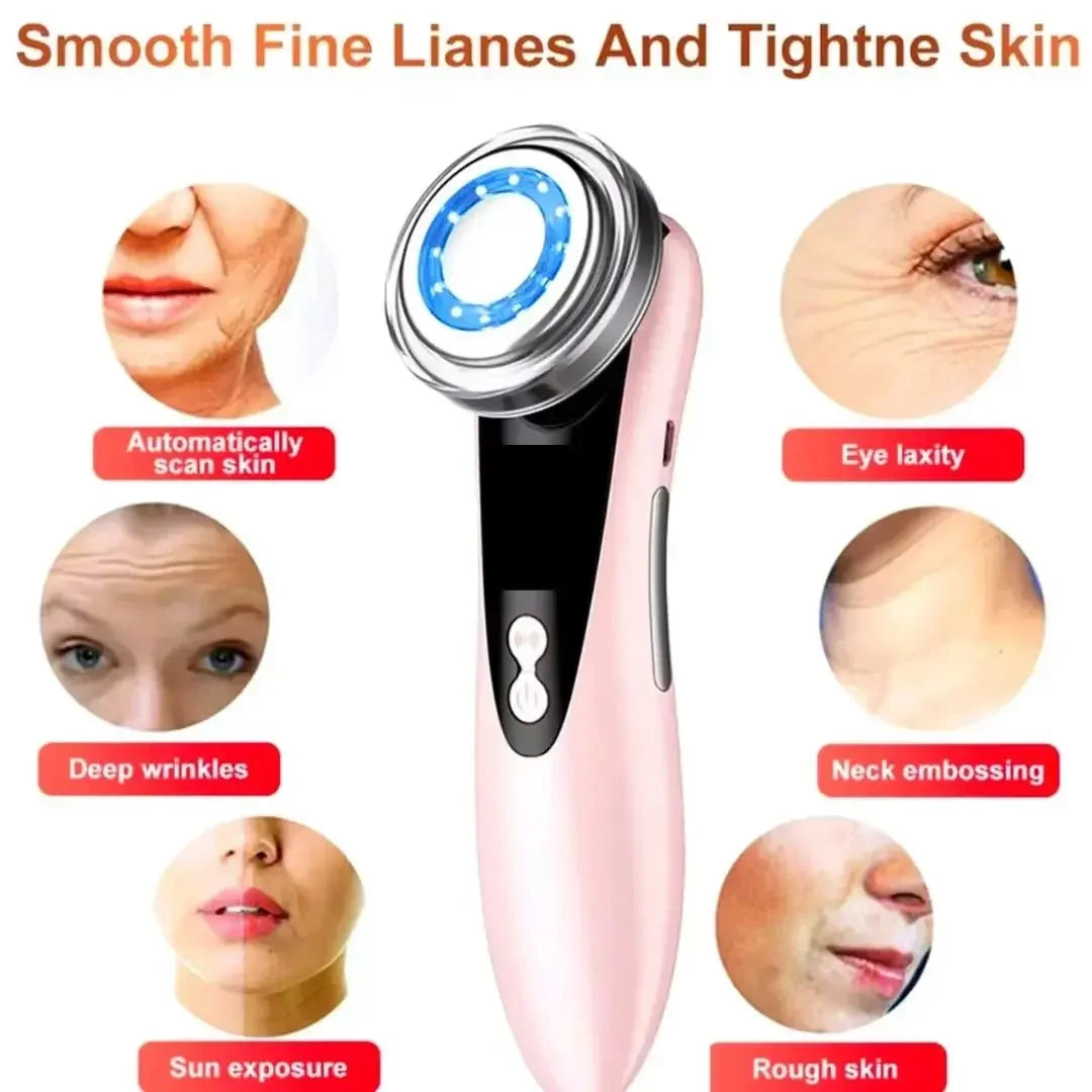 Pink handheld skin care device for smoothing fine lines, wrinkles, eye laxity, neck embossing, and rough skin