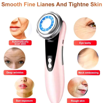 Pink handheld skin care device for smoothing fine lines, wrinkles, eye laxity, neck embossing, and rough skin