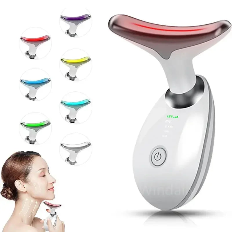 White handheld LED face massager with color light therapy options and woman using it on neck