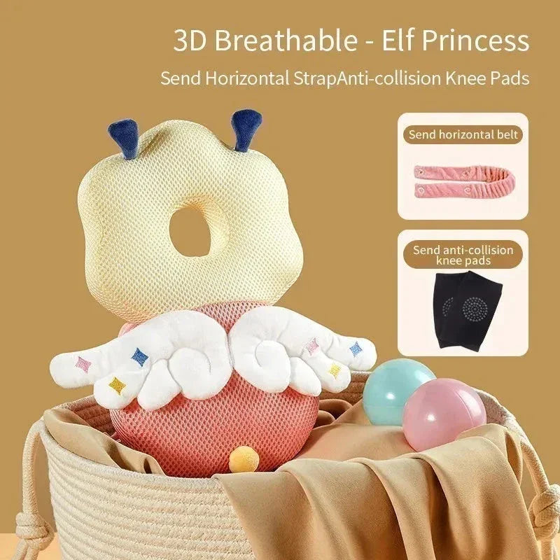 3D breathable baby cushion with wings and head support in basket with pink and blue balls