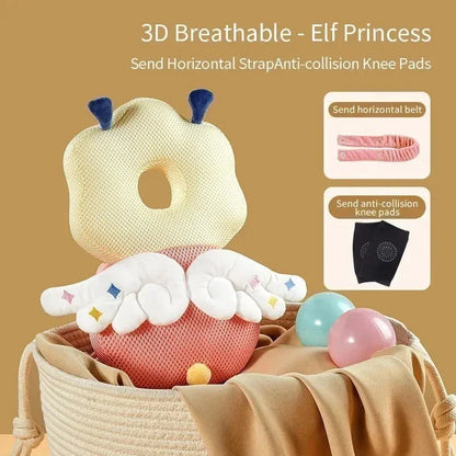3D breathable baby cushion with wings and head support in basket with pink and blue balls