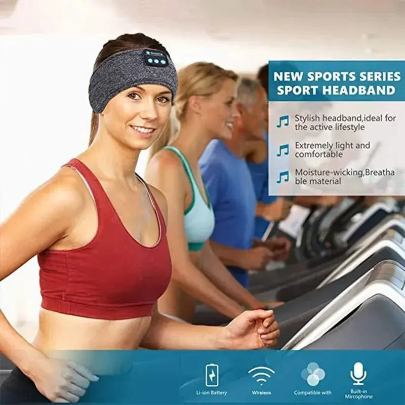 Young woman wearing wireless sport headband jogging on treadmill with others in gym workout setting