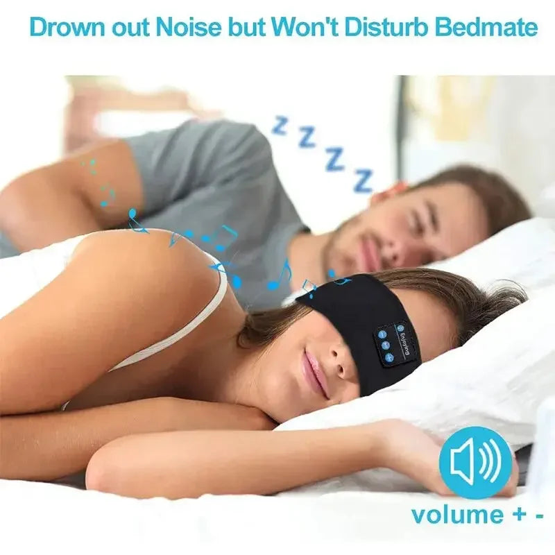 Woman sleeping with Bluetooth eye mask playing music, man sleeping beside her, noise cancellation sleep aid