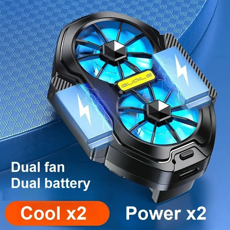 black dual fan phone cooler with blue LED lights and dual battery on blue textured surface