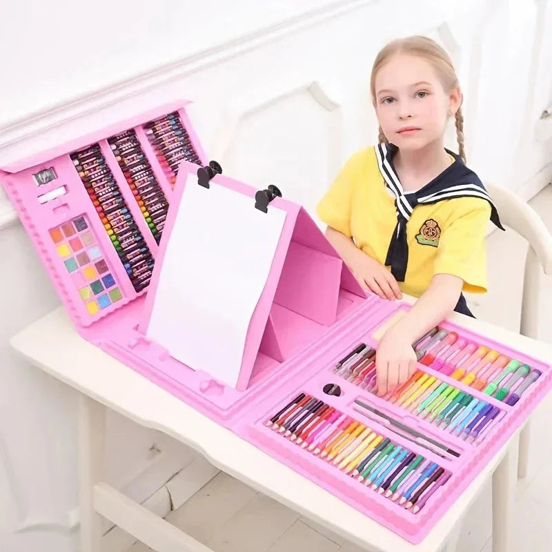 208-Piece Deluxe Kids Art Set – Pink Portable Easel Studio with Washable Markers, Crayons & Watercolours - Wahtrends