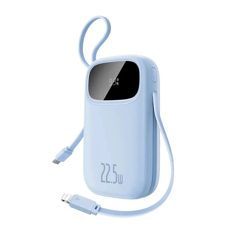 Light blue portable 22.5W power bank with digital battery display and attached charging cables