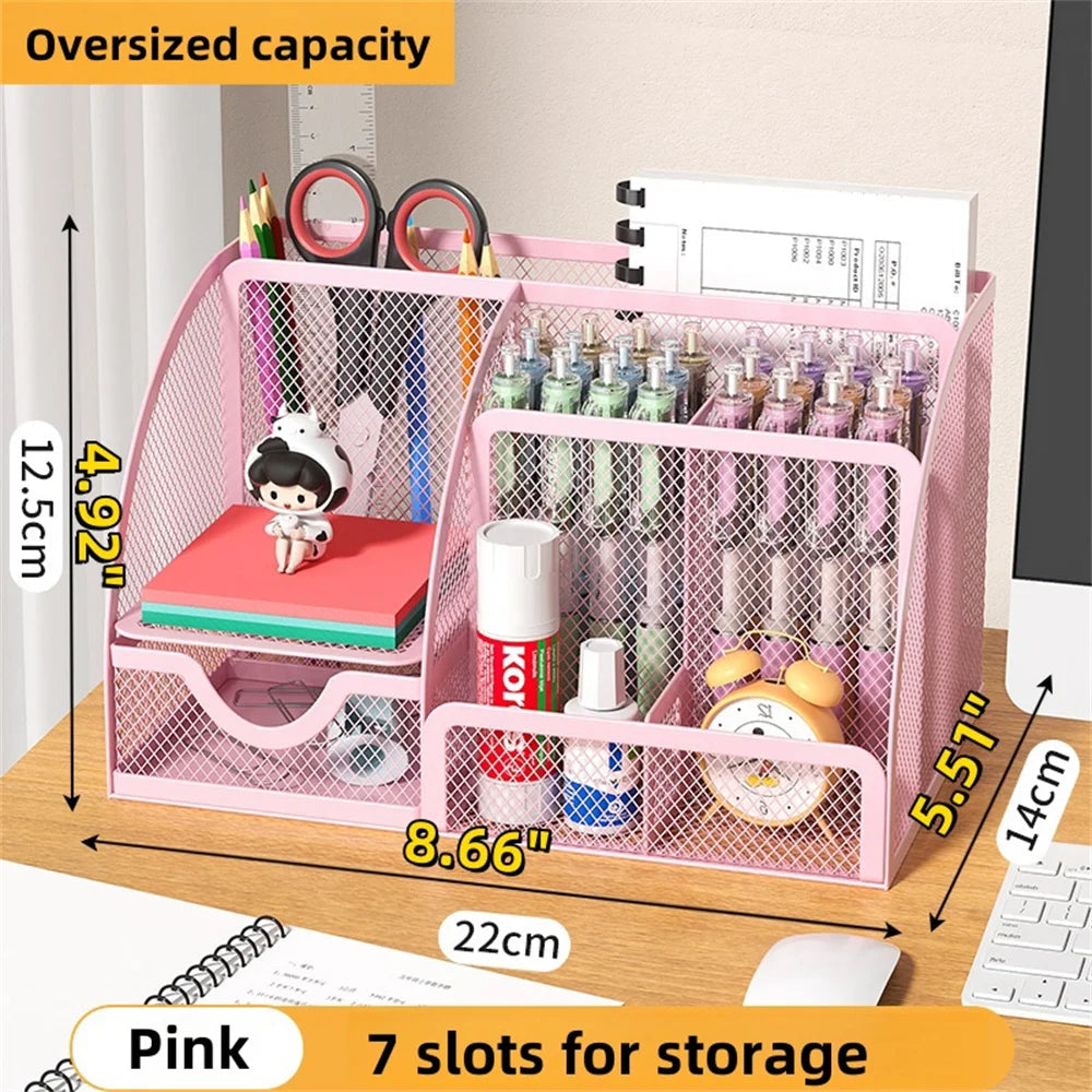 Metal Pen Holder & Desk Stationery Organizer – 7-Grid Mesh Office Storage Rack AE
