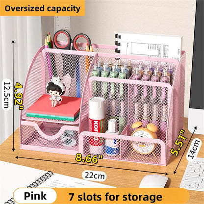 Metal Pen Holder & Desk Stationery Organizer – 7-Grid Mesh Office Storage Rack AE
