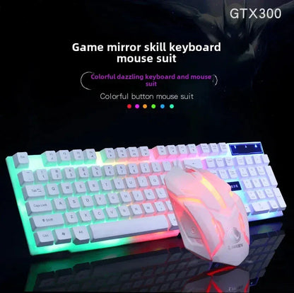 RGB backlit white gaming keyboard and illuminated white gaming mouse set on black surface