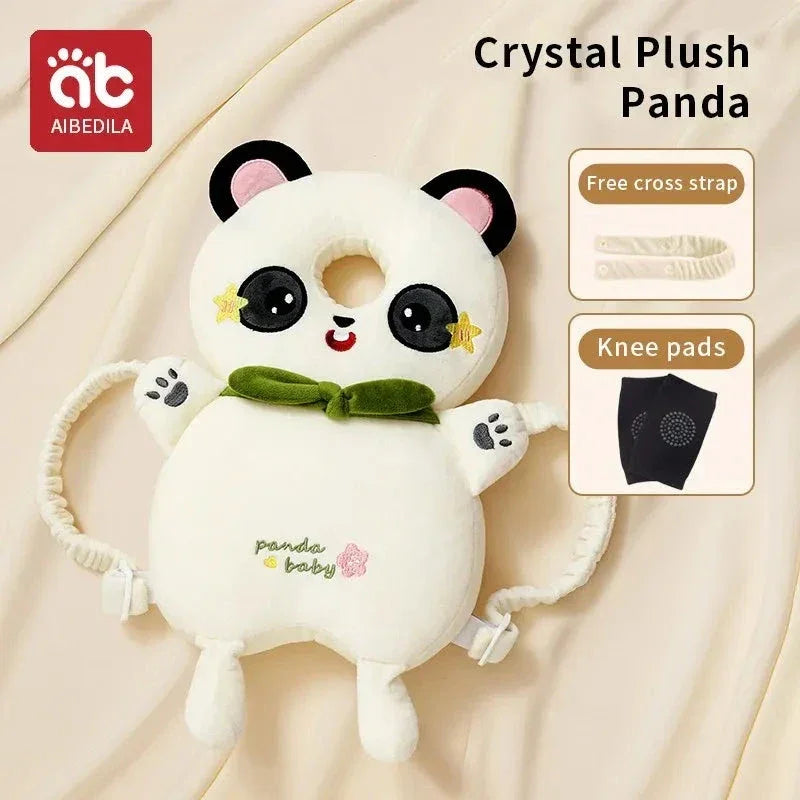 AIBEDILA Crystal Plush Panda baby safety head protector with free cross strap and knee pads in cream color
