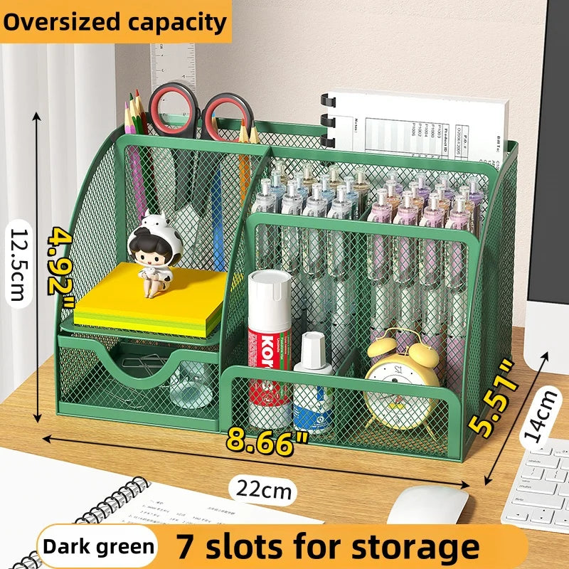 Metal Pen Holder & Desk Stationery Organizer – 7-Grid Mesh Office Storage Rack AE