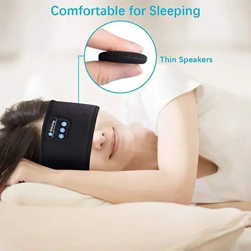 Woman wearing a black Bluetooth sleep mask with thin speakers, comfortable for sleeping