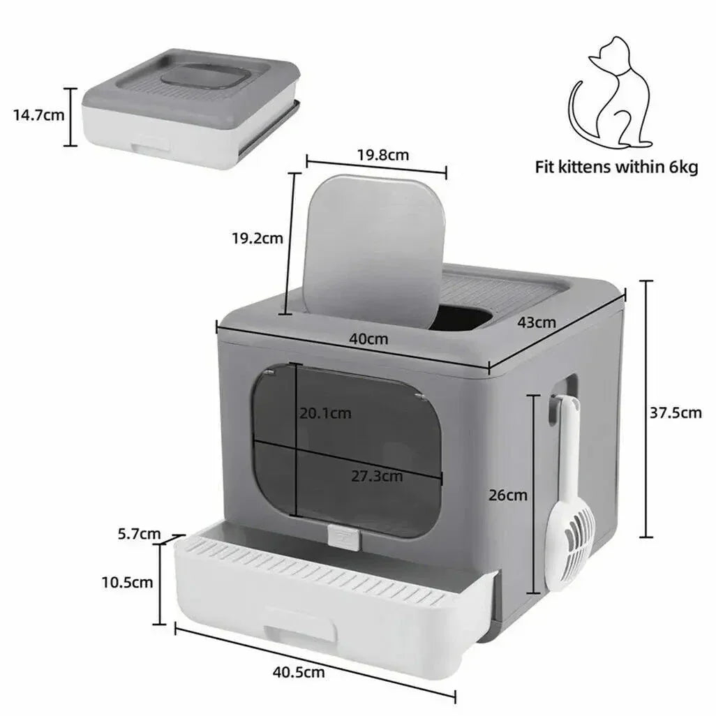 Gray and white cat litter box with dimensions, side scoop, and top flap, designed for kittens up to 6kg