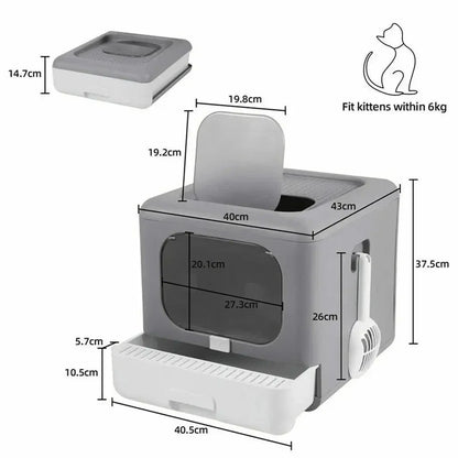 Gray and white cat litter box with dimensions, side scoop, and top flap, designed for kittens up to 6kg