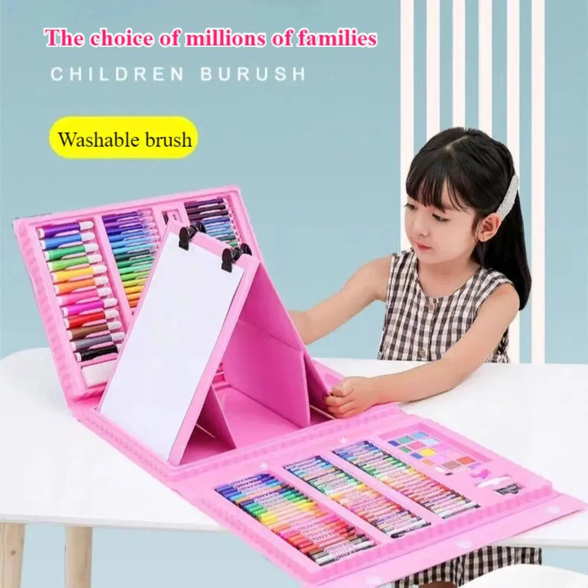 208-Piece Deluxe Kids Art Set – Pink Portable Easel Studio with Washable Markers, Crayons & Watercolours - Wahtrends