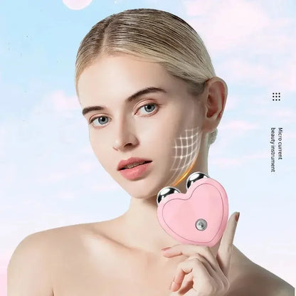 Woman using pink heart-shaped microcurrent beauty device on her face with digital skin contour grid