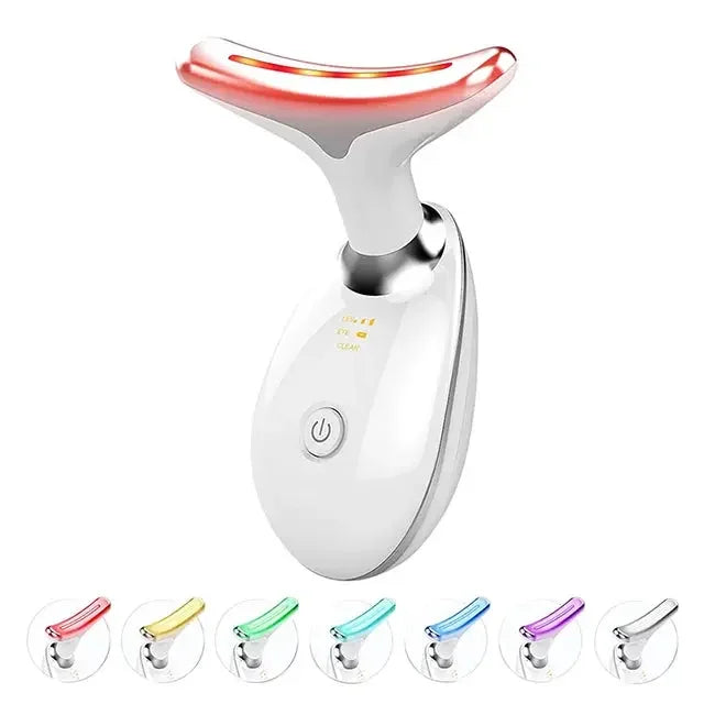 White handheld LED light therapy skin care device with color modes displayed and power button