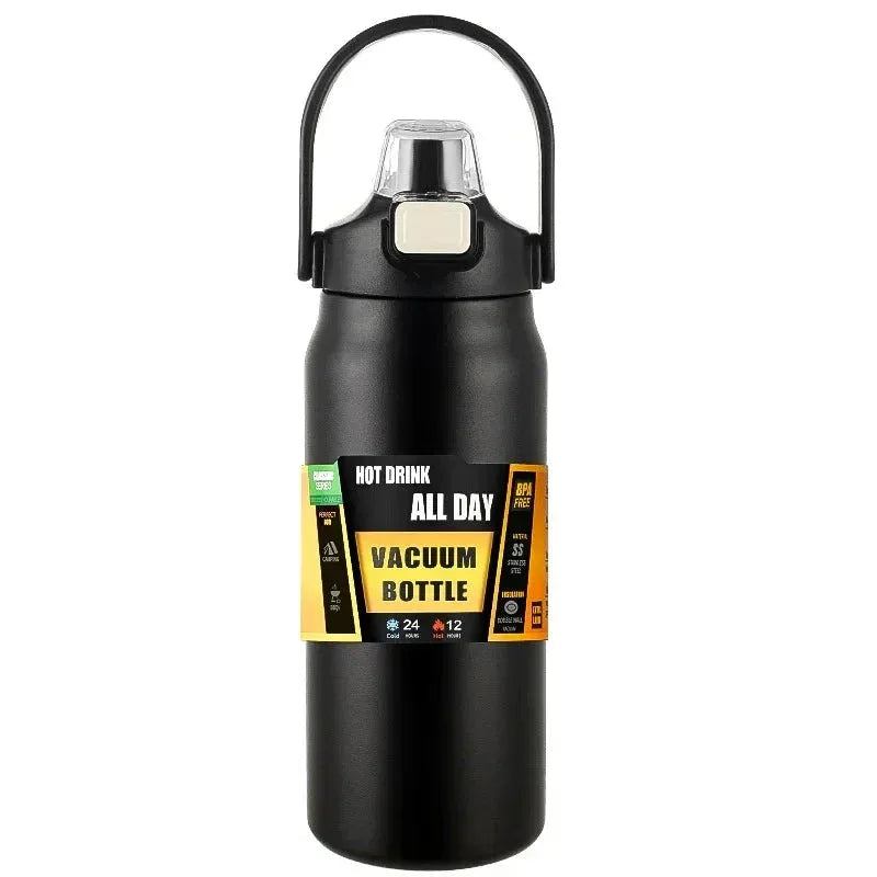 Black vacuum bottle with handle, BPA free, keeps drinks hot 12h and cold 24h
