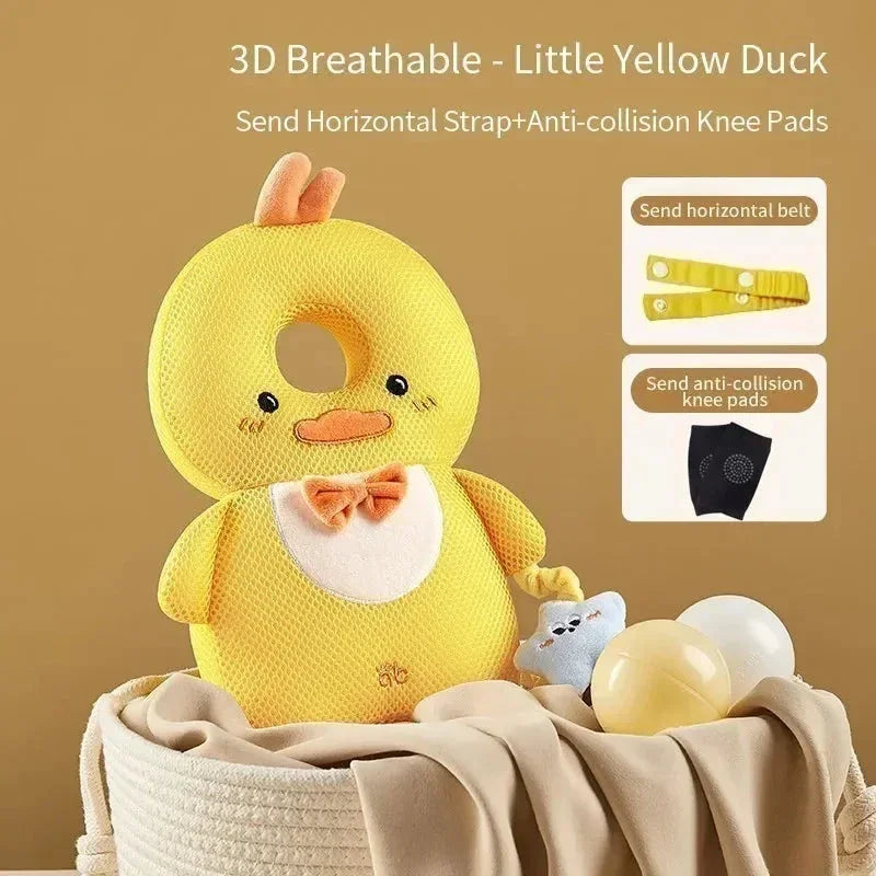 3D breathable yellow duck baby head protector with horizontal strap and anti-collision knee pads