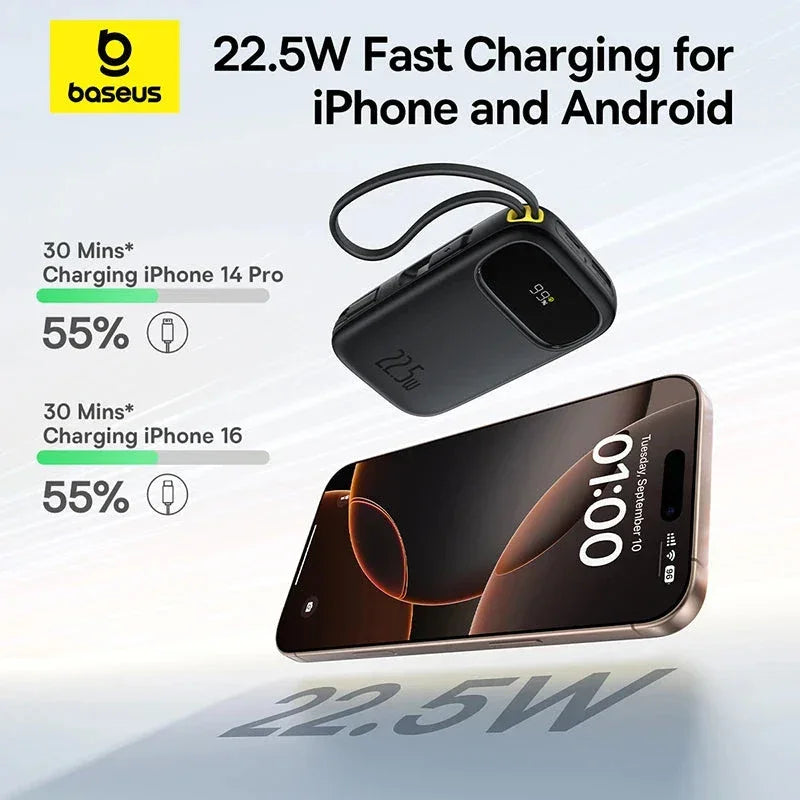 Baseus 22.5W fast charger with digital display charging iPhone 14 Pro and iPhone 16 to 55% in 30 minutes