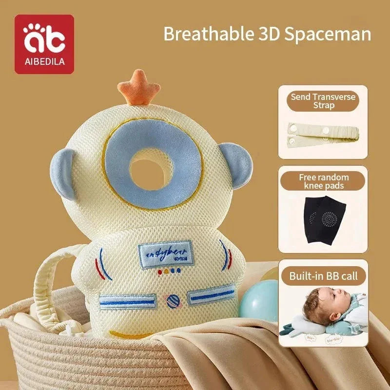 Breathable 3D spaceman baby cushion with soft yellow and blue design in woven basket