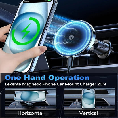 Lekente magnetic phone car mount charger with one hand operation, showing horizontal and vertical phone positions