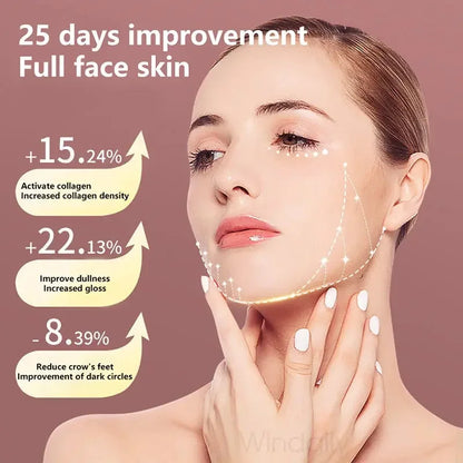 Young woman with smooth skin and glowing face showing 25 days skin improvement stats for collagen, gloss, and reduced wrinkles