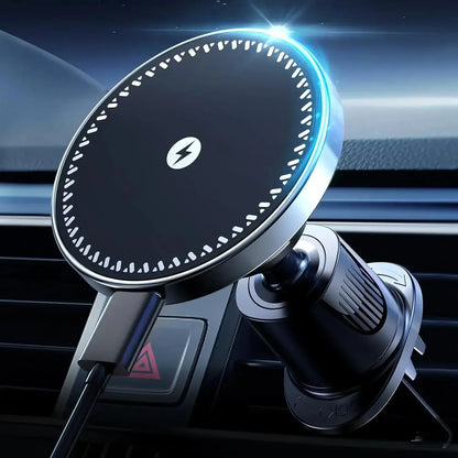 Magnetic wireless car charger mounted on vehicle air vent with charging cable connected