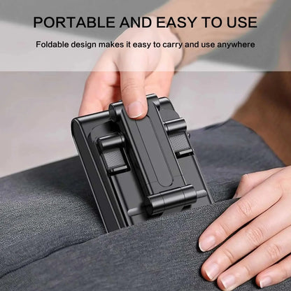 Foldable black portable phone or tablet stand being placed into a gray fabric pocket