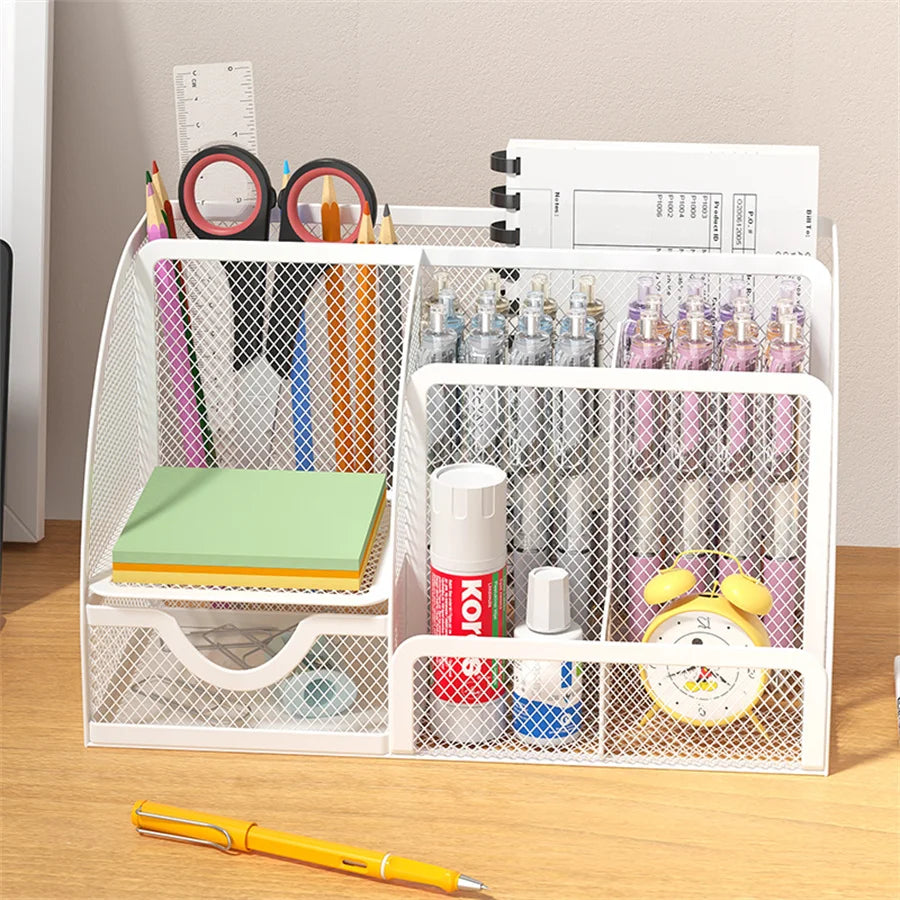 Metal Pen Holder & Desk Stationery Organizer – 7-Grid Mesh Office Storage Rack AE