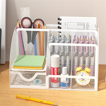 Metal Pen Holder & Desk Stationery Organizer – 7-Grid Mesh Office Storage Rack AE