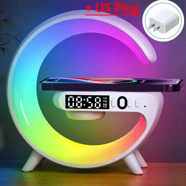 Colorful C-shaped LED night lamp with digital clock and wireless phone charging, US plug included