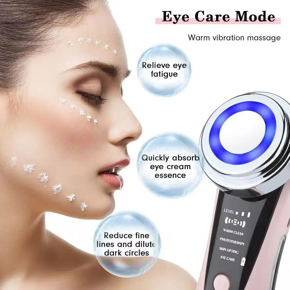 Woman using eye care device with warm vibration massage to relieve eye fatigue and reduce fine lines