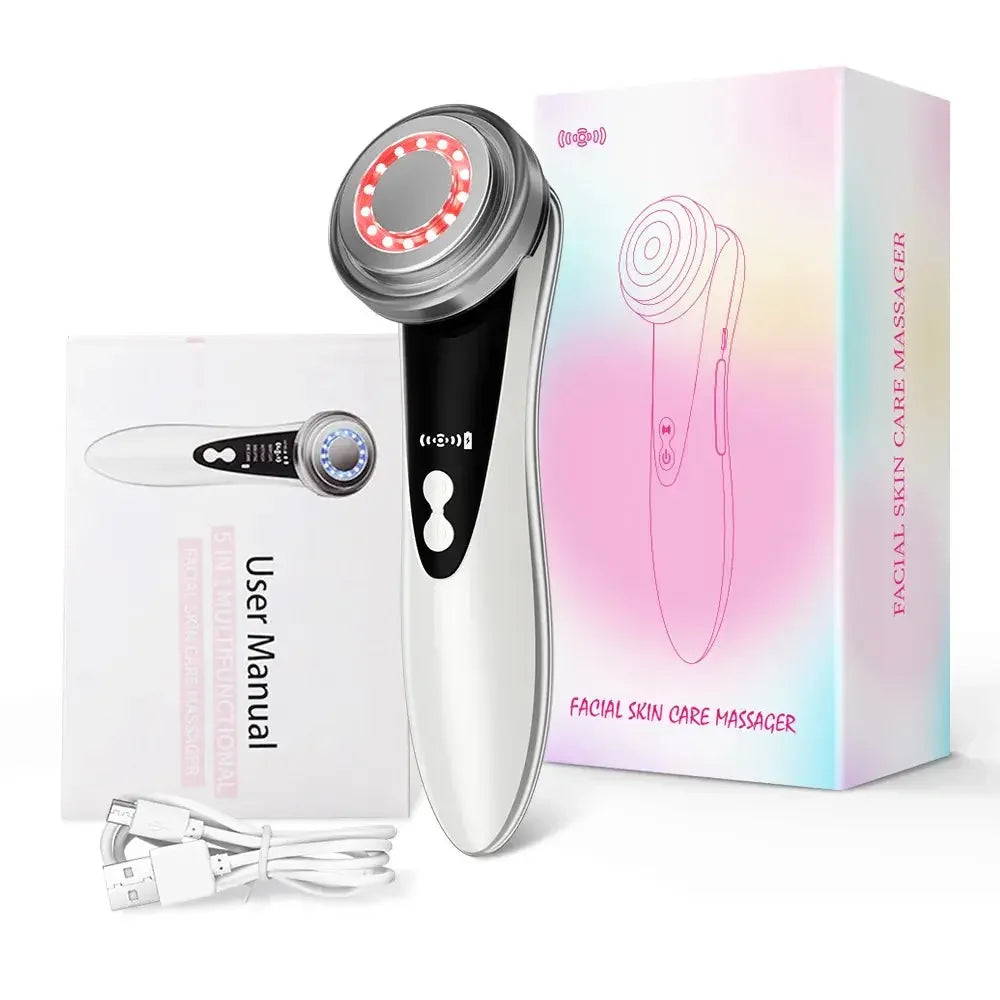 Facial skin care massager device with LED light, user manual, USB charging cable, and product box