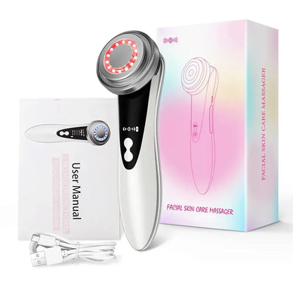 Facial skin care massager device with LED light, user manual, USB charging cable, and product box