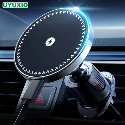UYUXIO wireless magnetic car phone charger mounted on car air vent with blue light ring