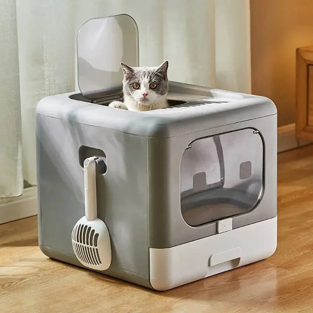 Gray and white cat peeking from top of modern enclosed gray litter box with scoop on wooden floor