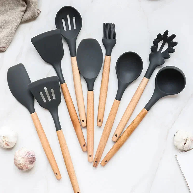 12-Piece Silicone Kitchen Utensils Set – Heat-Resistant Non-Stick Cooking Tools with Wooden Handles & Holder - Wahtrends